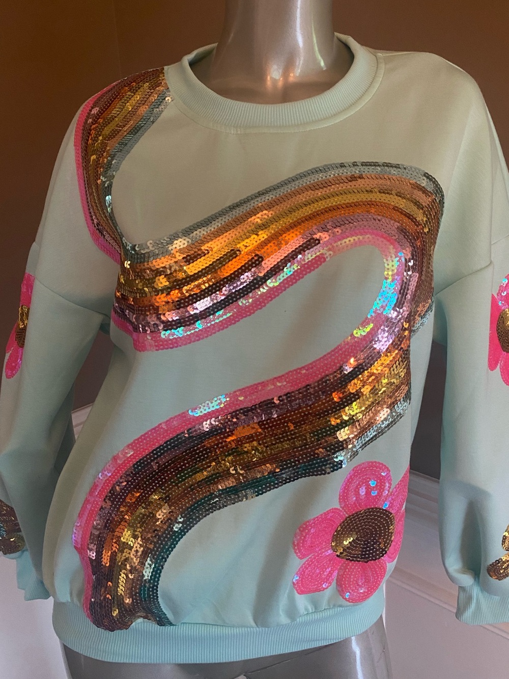 Simply Southern Mint Crewneck Sweater with Pink Floral & Gold Sequin Wave